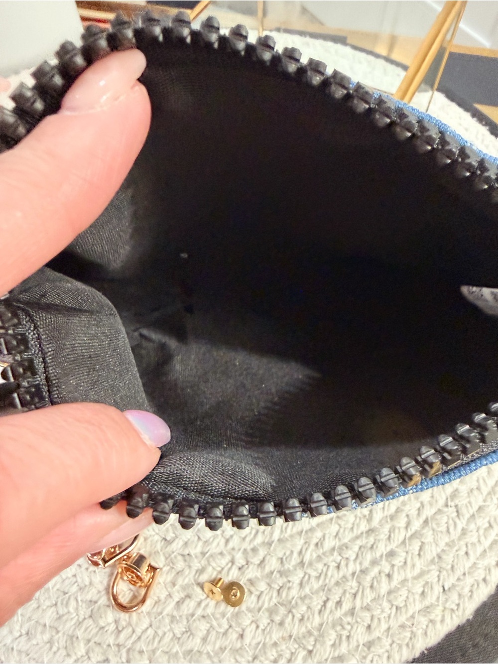 NEW | Blue Denim Logo Cosmetic Pouch with Gold-Tone Chain Strap & Bow Charm - Picture 7 of 9